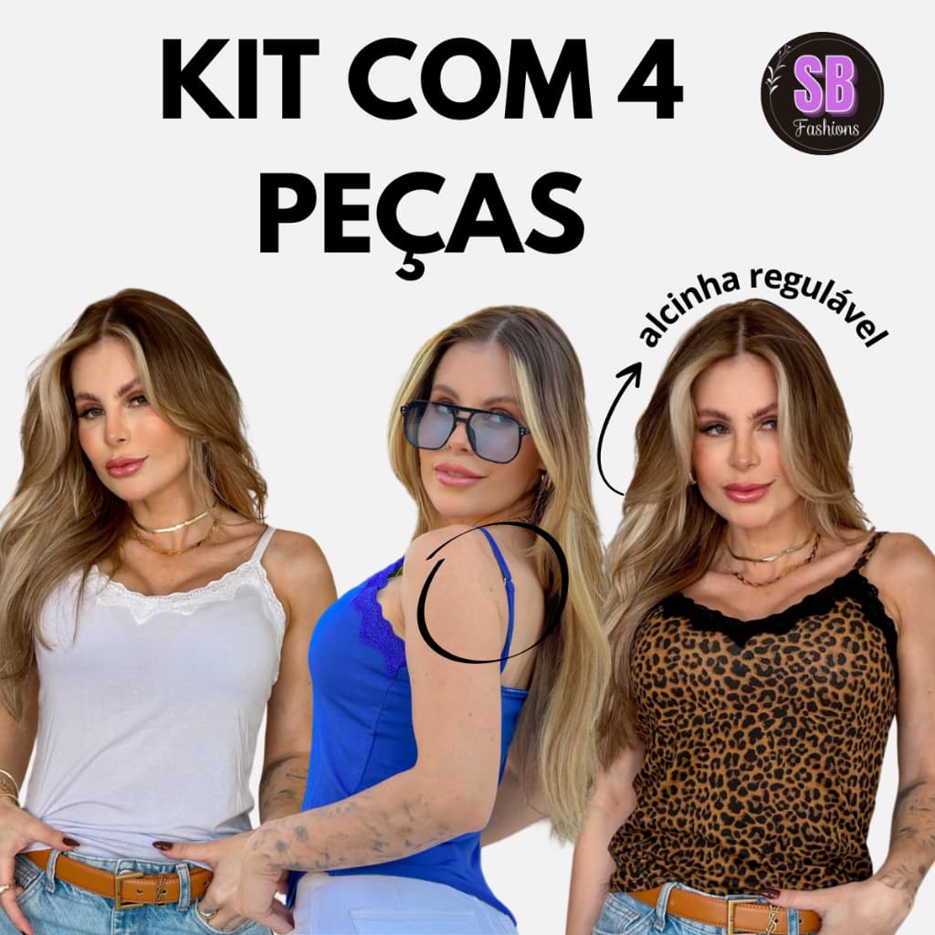 Kit com 4 Regata com Bojo Alcinha Regulável Blusinha Renda Camiseta Regatinhas Básica Várias Cores