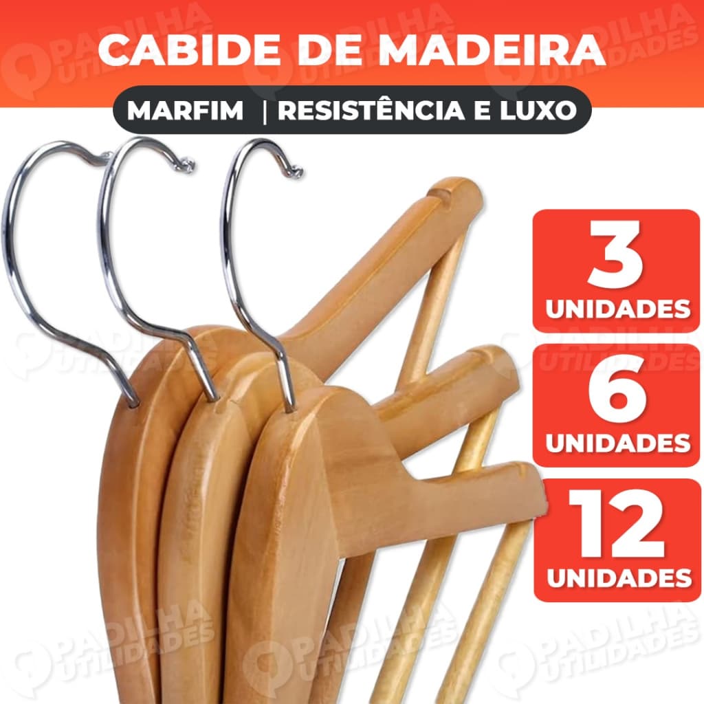 Cabide de Madeira Marfim Para Calça Camisa Vestido Sobretudo com Verniz Gancho Cromado Kit 3 6 12