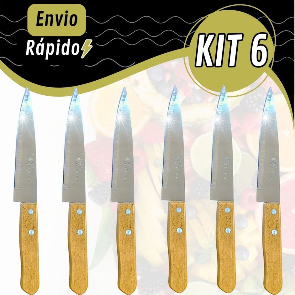 Combo 6 Faca de Cozinha Afiada Premium Com Cabo de Madeira De Qualidade