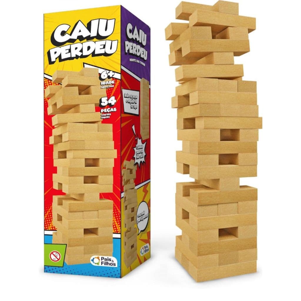 Jogo infantil Caiu Perdeu Torre de madeira mdf c/ 54 peças Pais & Filhos