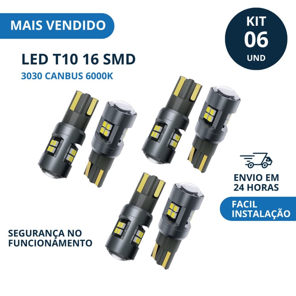Lâmpada de Led para carro T10 16 Smd 3030 Canbus 6000k 12/24v Branco Lampadas Led T10 Lampada pingo led