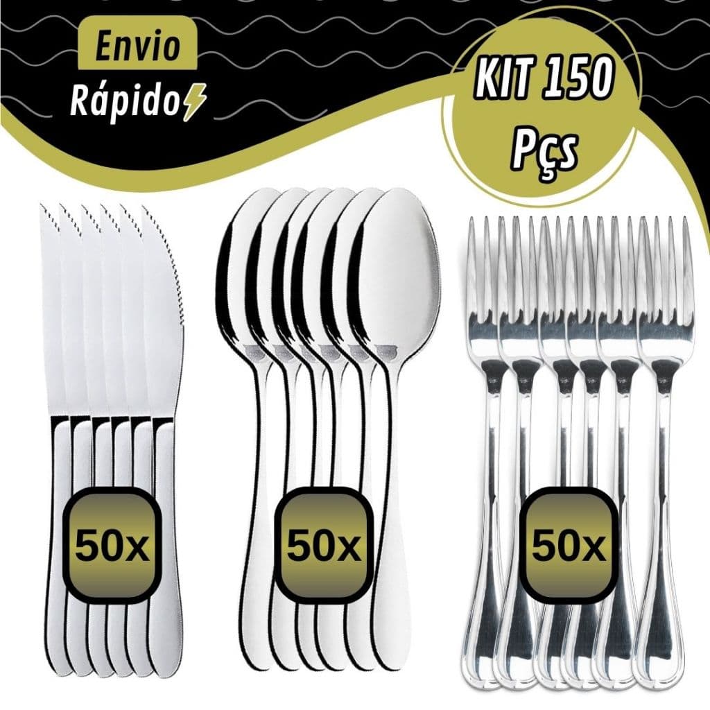 Kit 150 Talheres 50 Garfos 50 Facas 50 Colheres de Sopa Brilhantes Para Cozinha e Restaurante