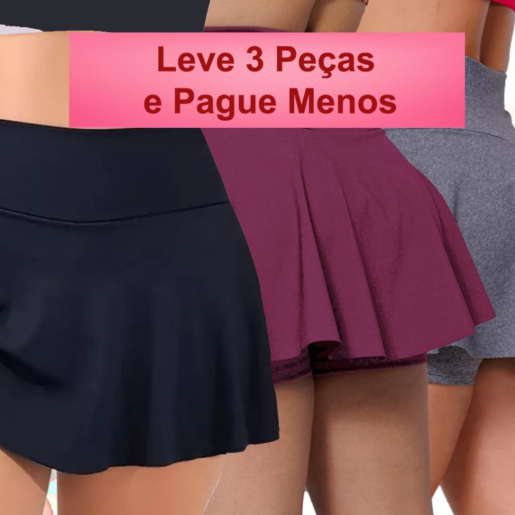Kit com 3 Short Saia  Fitness de Academia Feminino Cintura Alta Fitness Suplex