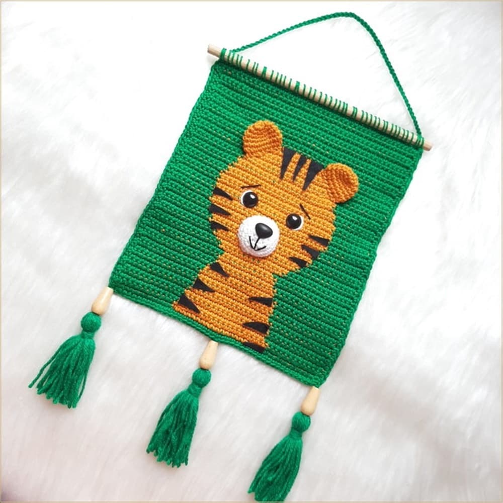 Flamula Tigre Amigurumi quadro tecido artesanal para quarto de criança
