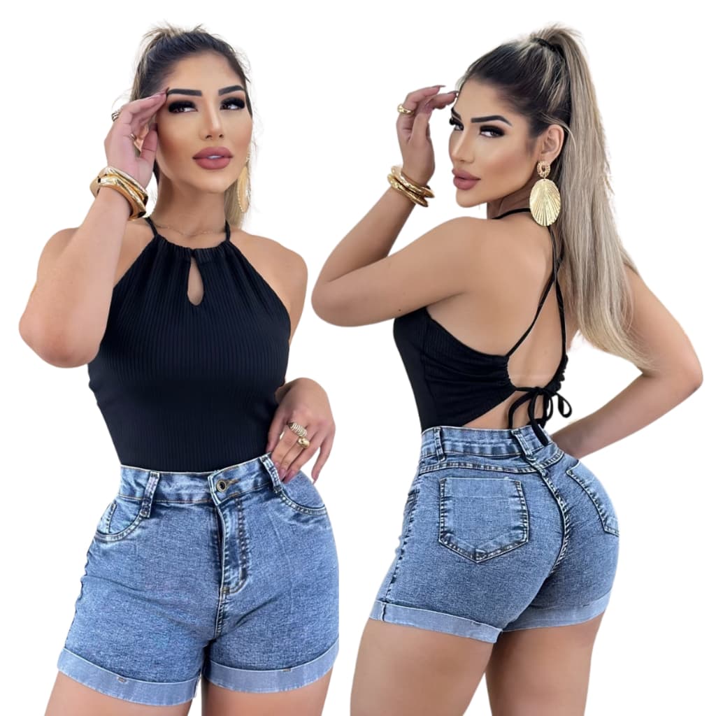 Short Jeans Feminino Levanta Bumbum Cós Alto Barra Dobrada Com Elastano Lycra