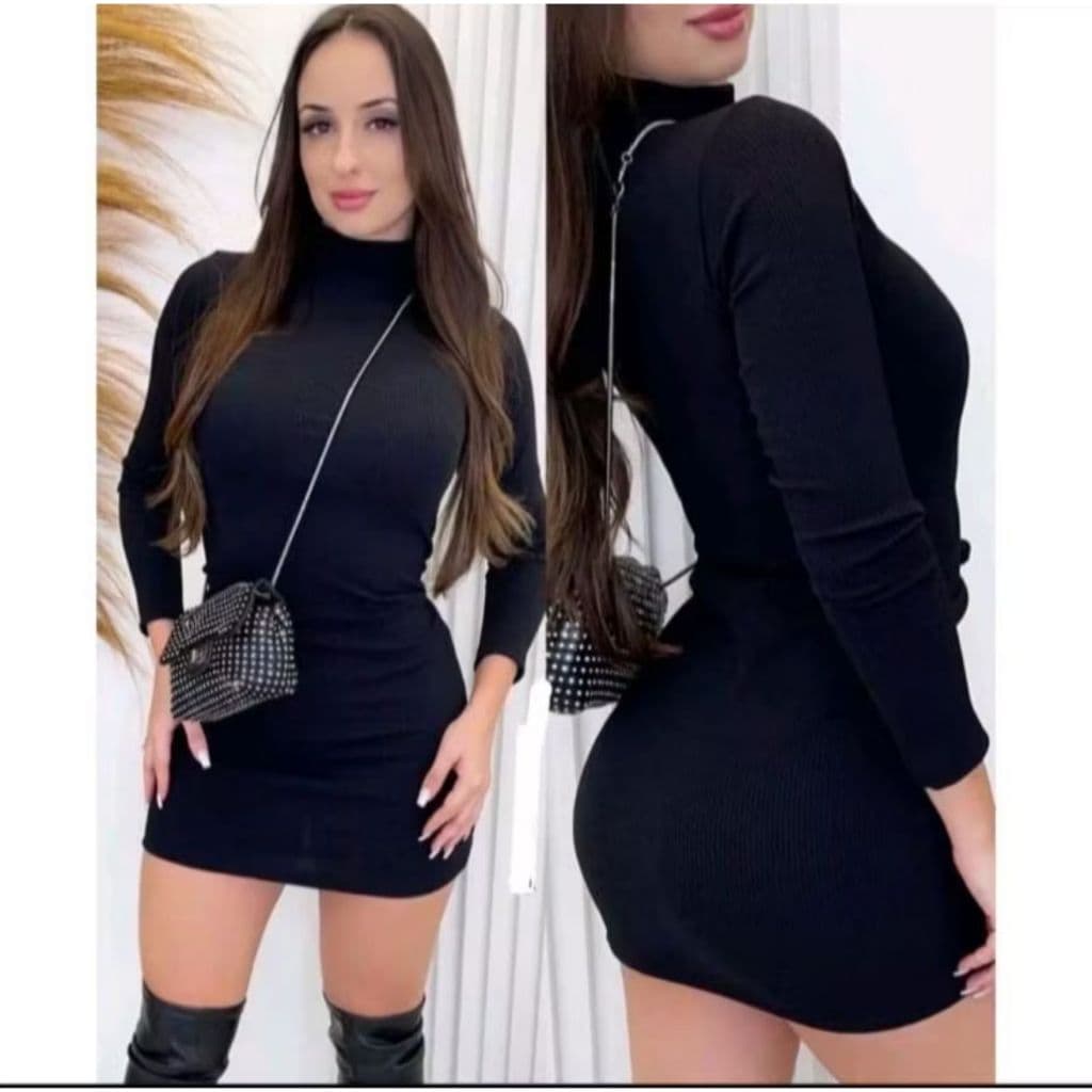 Vestido Canelado Curto Manga Longa com Gola Tubinho Blogueirinha