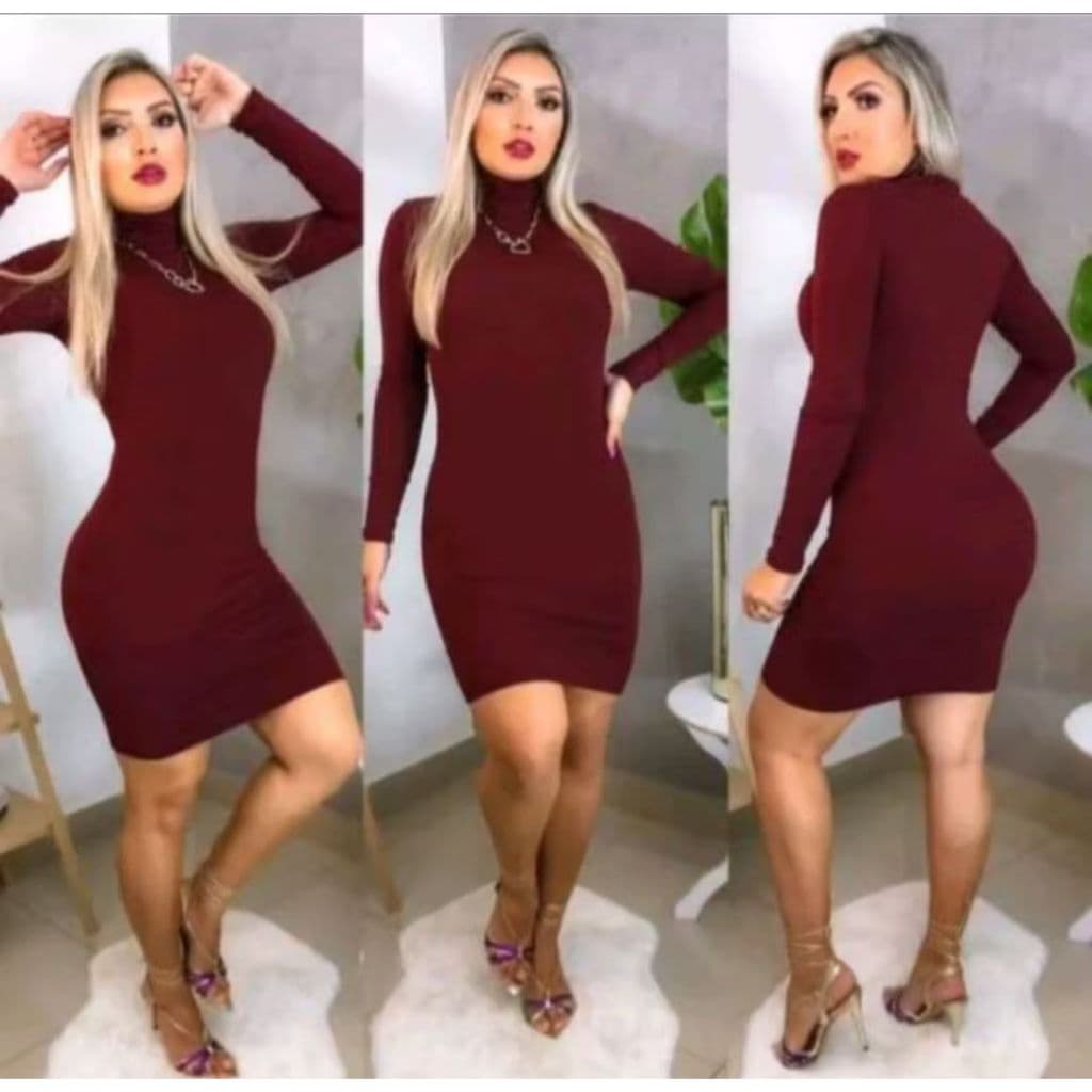 Vestido Canelado Curto Manga Longa com Gola Tubinho Blogueirinha