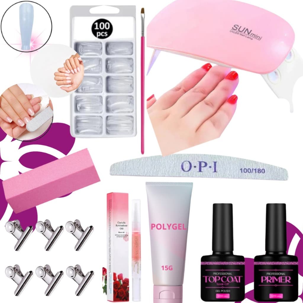 Kit Polygel Alongamento De Unha + Molde F1 + Lixa + Regulador ph + Primer + Cabine Sun Mini Poligel Alongamento Unhas