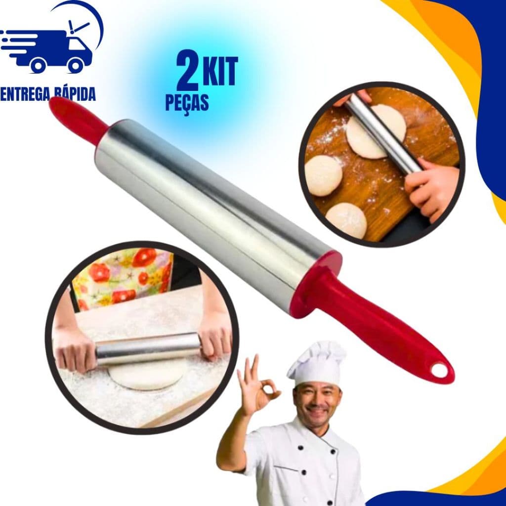 Kit 2 Rolo de Massa Cilindro de abrir Massa Inox com Cabo PVC 37,5cm PROMOÇÃO - PRETO E VERMELHO