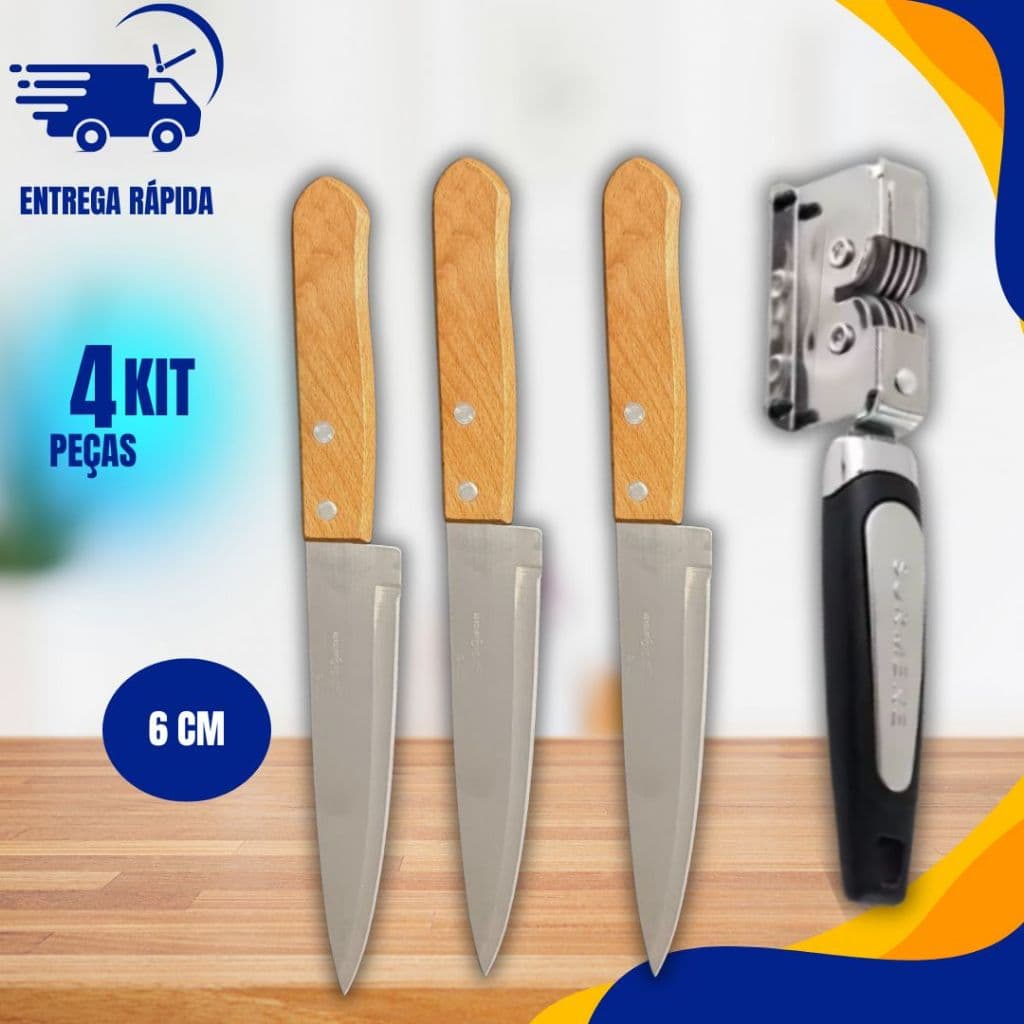 4 Peças 3 Facas 6" De Cozinha Inox Profissional Do Chef Cabo Madeira 27,8 CM, 1 afiador Profissional