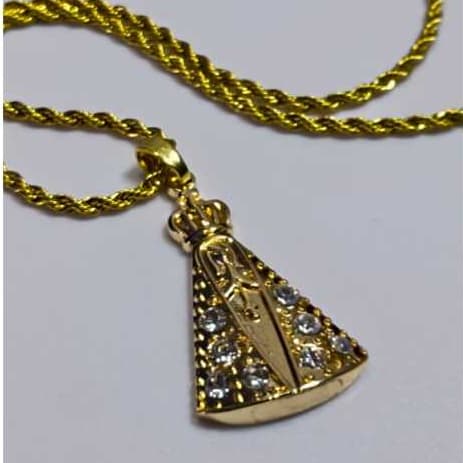 Colar e Pingente Nossa Senhora Dourado Cravejado Aço Inoxidavel
