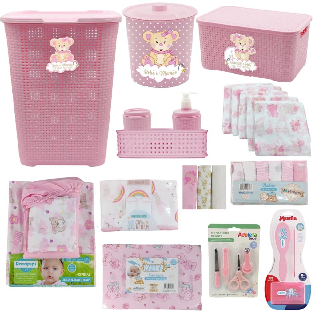 KIT CESTO DE ROUPAS RATTAN + ENXOVAL DE BEBÊ ORGANIZADOR LIXEIRA KIT MANICURE HIGIENE FRALDAS BABETE