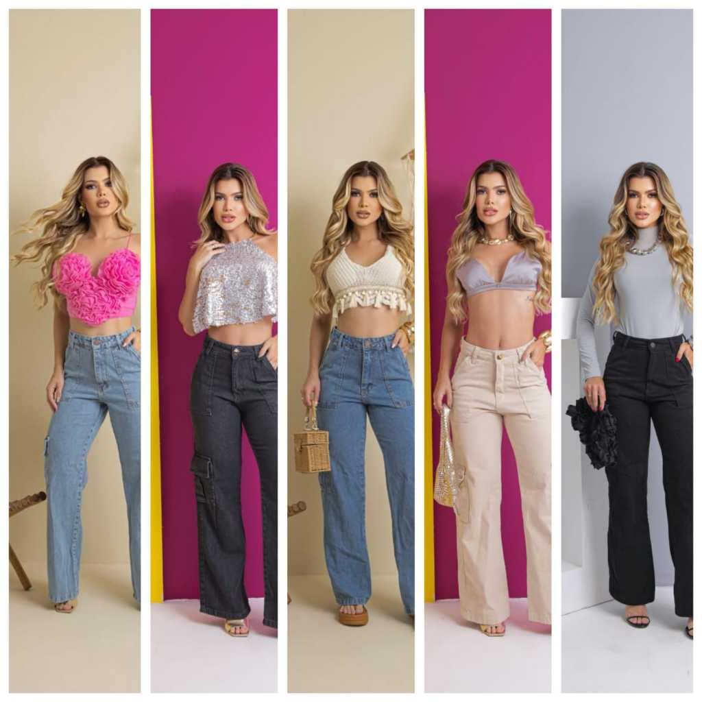 Calça Jeans Feminina Wide Leg Cargo Cintura Alta Algodao Premium