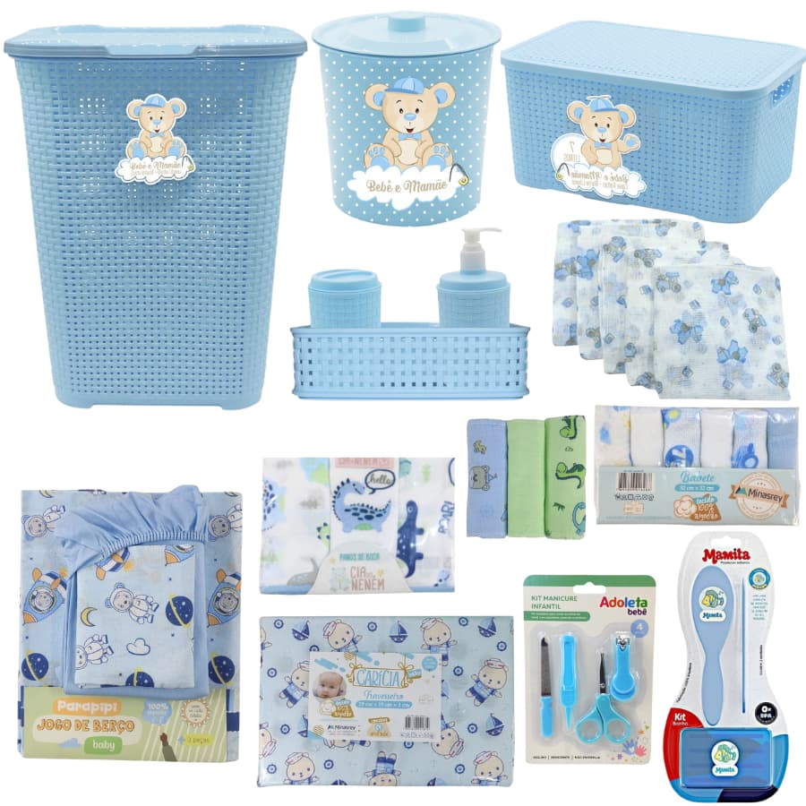 KIT CESTO DE ROUPAS RATTAN + ENXOVAL DE BEBÊ ORGANIZADOR LIXEIRA KIT MANICURE HIGIENE BATETE FRALDAS
