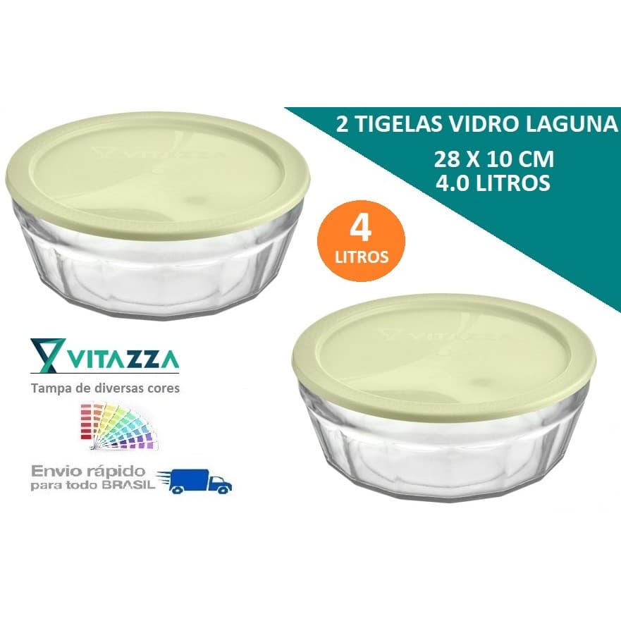 Conjunto 2 Tigelas de Vidro 4 Litros Com Tampa Plastica Laguna Vitazza