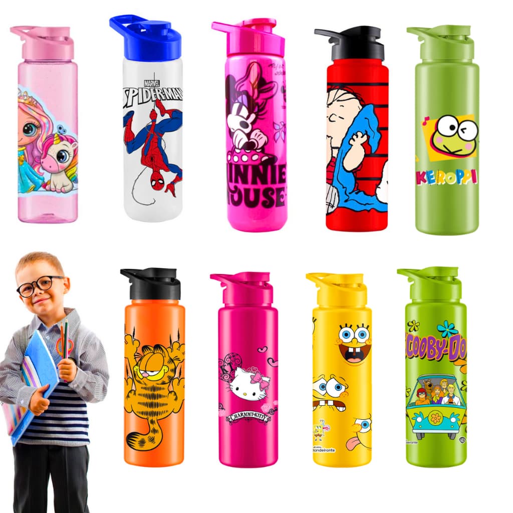 Garrafa Squeeze Plástico Personagem Estampa Desenho Animado Criança Adulto