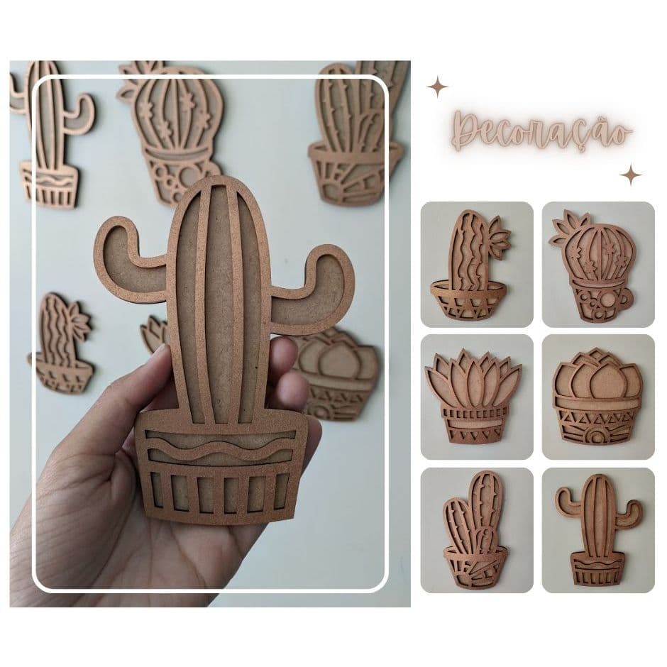Kit 3 PEÇAS DE DECORAÇÃO Cactos / Suculentas - em MDF (3 unidades) - com fita dupla face