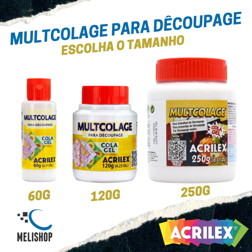 Cola Gel Multcolage para Decoupage 60g 120g 250g Transparente Alta Fixação Acrilex