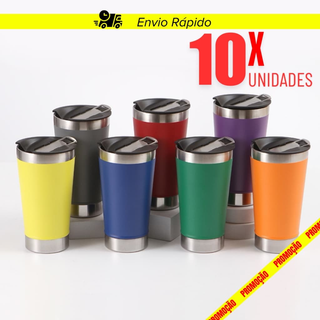 Kit 10 Copo Térmico 473ml Com Tampa e Abridor Copo Inox Atacado Sem Logo