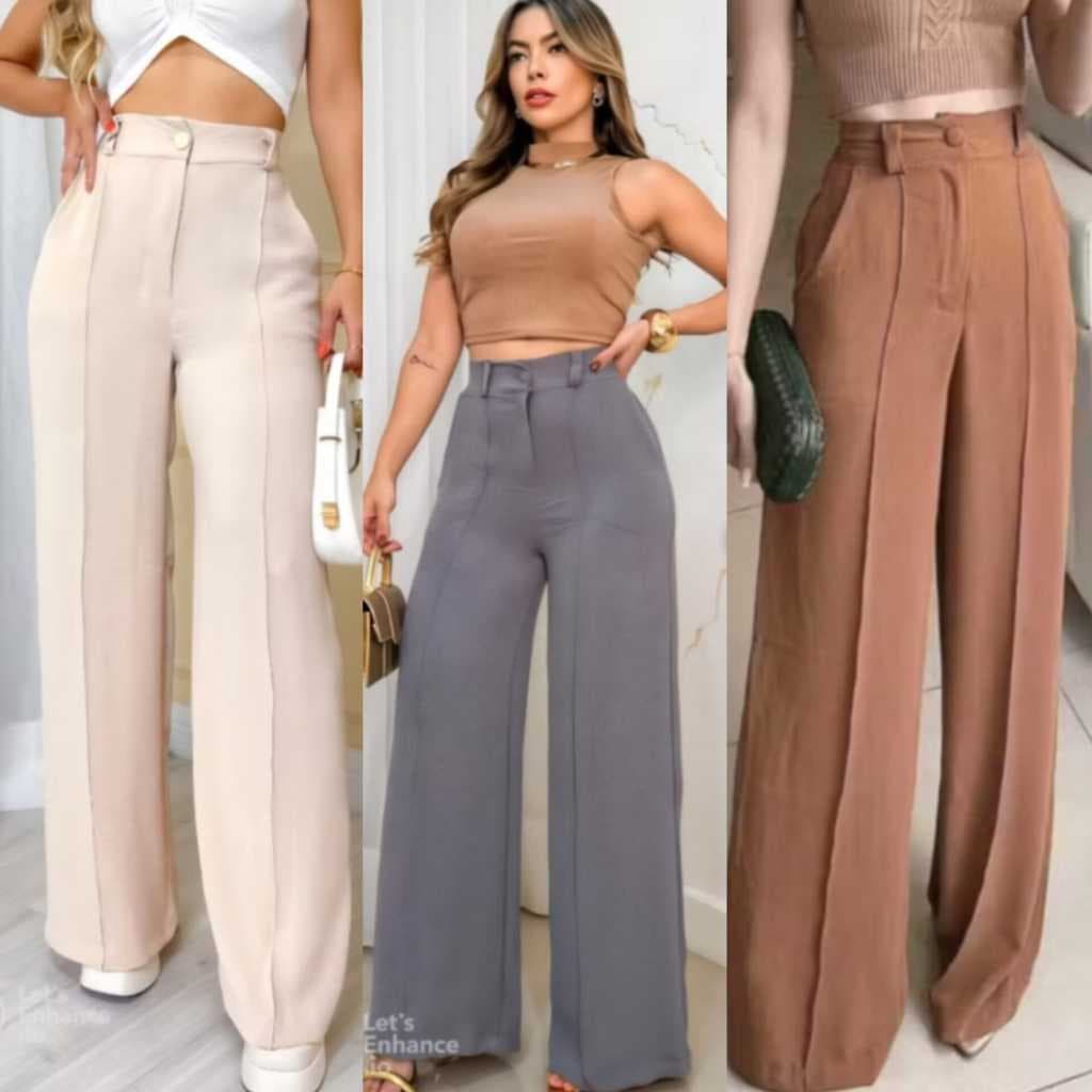 Calça Feminina Calça Pantalona Feminina pluzise Wide Leg Duna com Botão