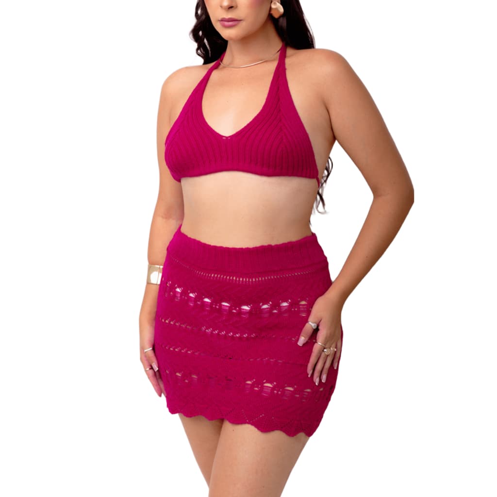 Conjunto de Praia Feminino Tricô Saida de Praia Saia Coz Elastico Que Se Ajusta ao Corpo Verão
