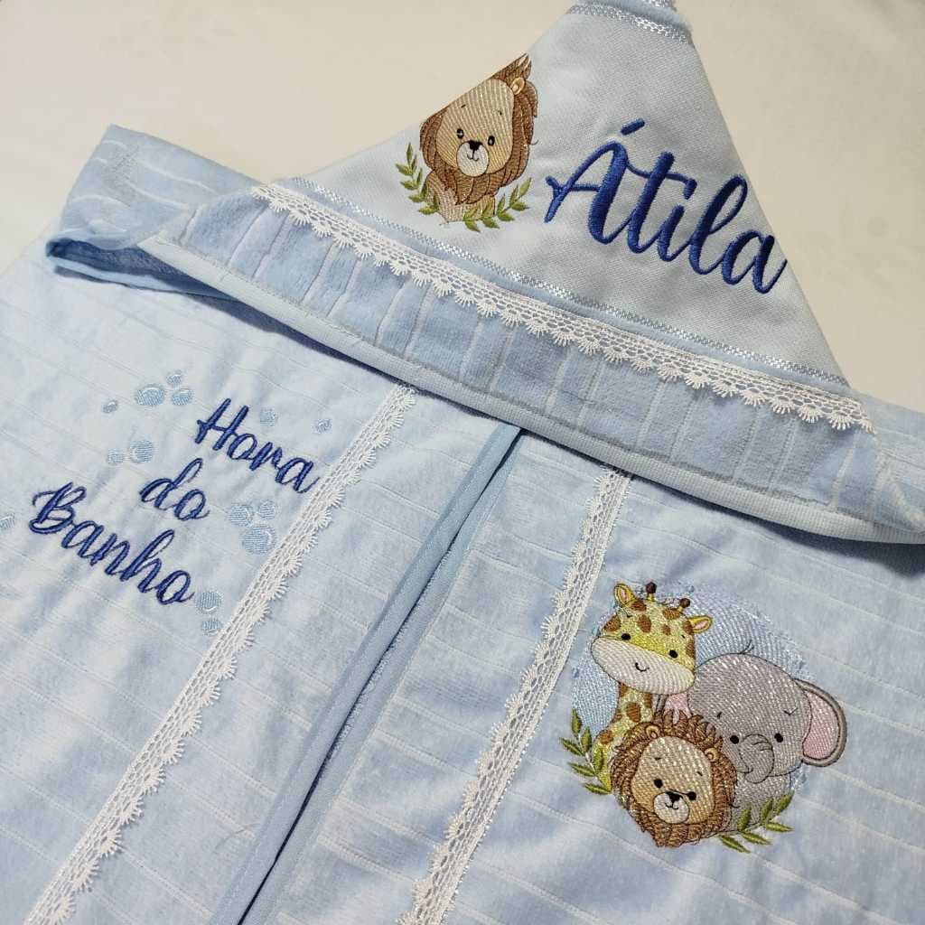 Toalha com capuz infantil personalizada bordada com nome e tema