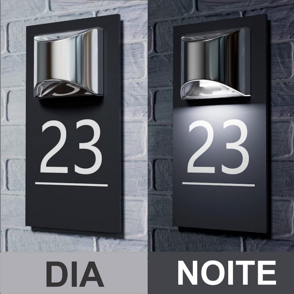 NÚMERO PARA CASA, NÚMERO RESIDENCIAL, PLACA 28X15CM, COM ILUMINAÇÃO SOLAR, ACENDE AO ANOITECER.