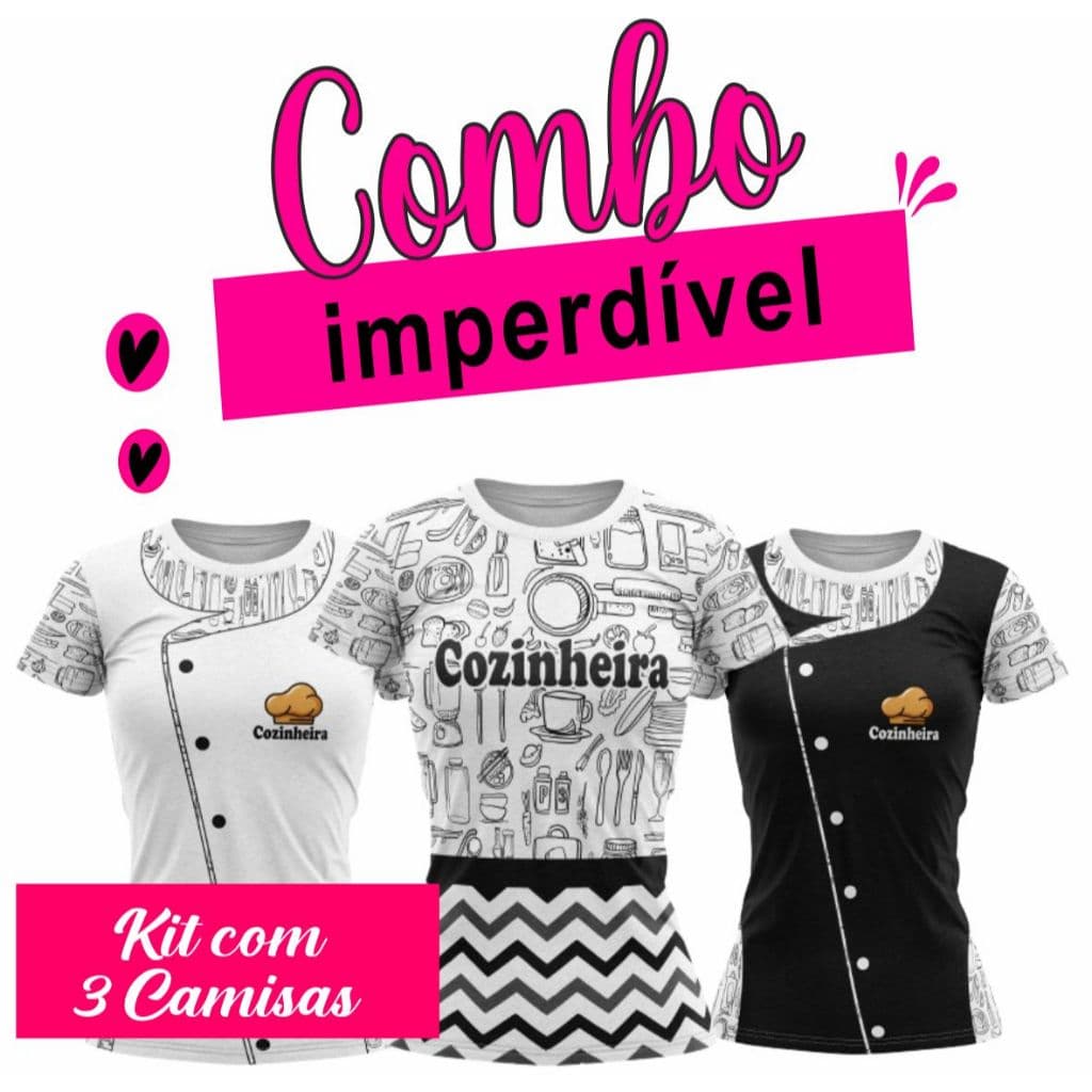 COMBO Camisa PROFISSÃO COZINHEIRA T-Shirt Blusa Feminina COZINHEIRA PRETA COZINHA BRANCA E ZIG ZAG