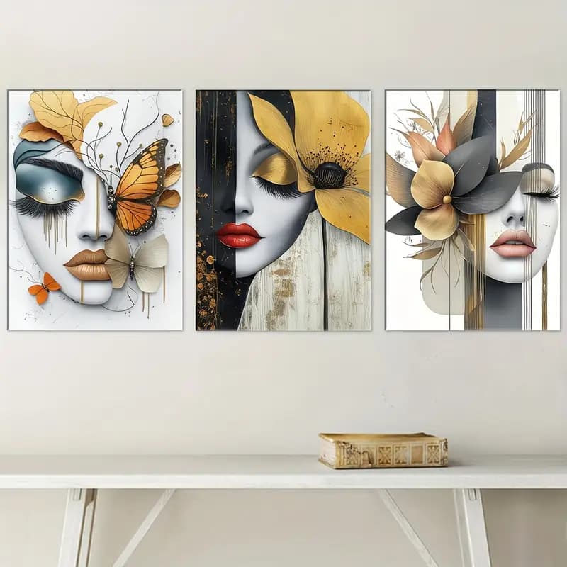 Kit 3 Quadros Decorativo Face Mulher Delicado com Flores e Borboleta Para Sala Quarto Escritório