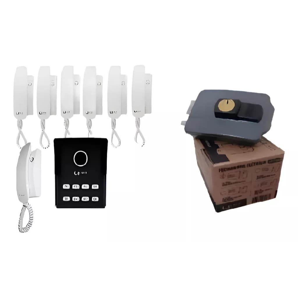 Kit Porteiro Eletrônico Interfone 6 pontos Apartamentos Fechadura Elétrica 6 Fones + 200 metros Cabo