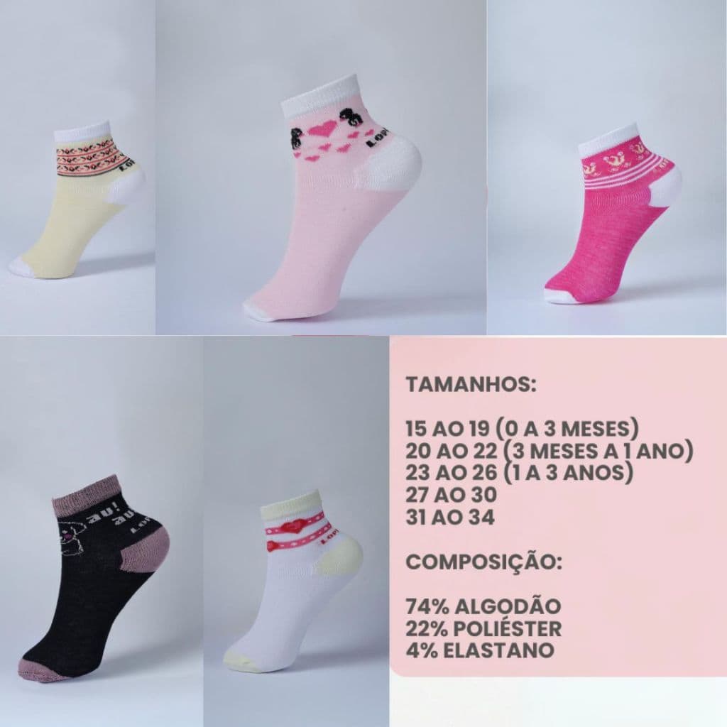 Kit 12 Pares Meia Infantil Menina