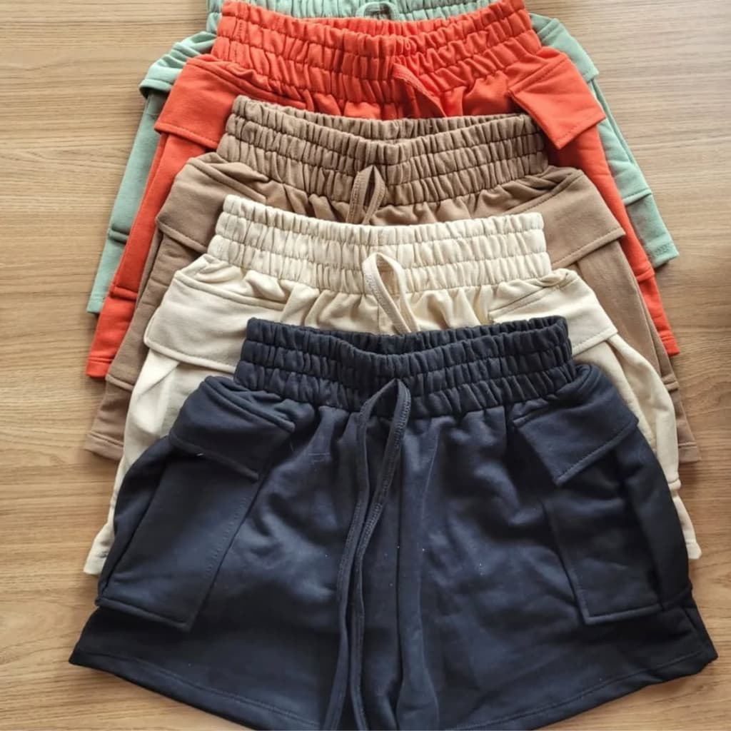 Short Cargo Moletom Moletinho Feminino Cintura Alta Bermuda Feminina Verde Preto Branco Marrom Bege