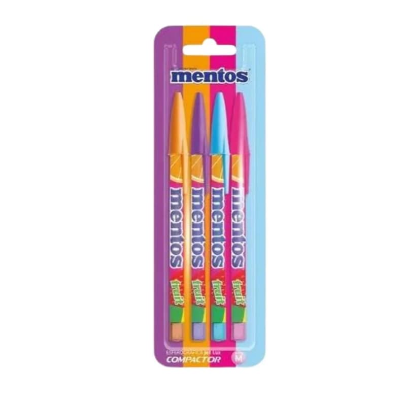 Kit 4 Canetas Esferográficas 1.0mm Mentos - Compactor (Laranja, Violeta, Azul Turquesa, Púrpura)