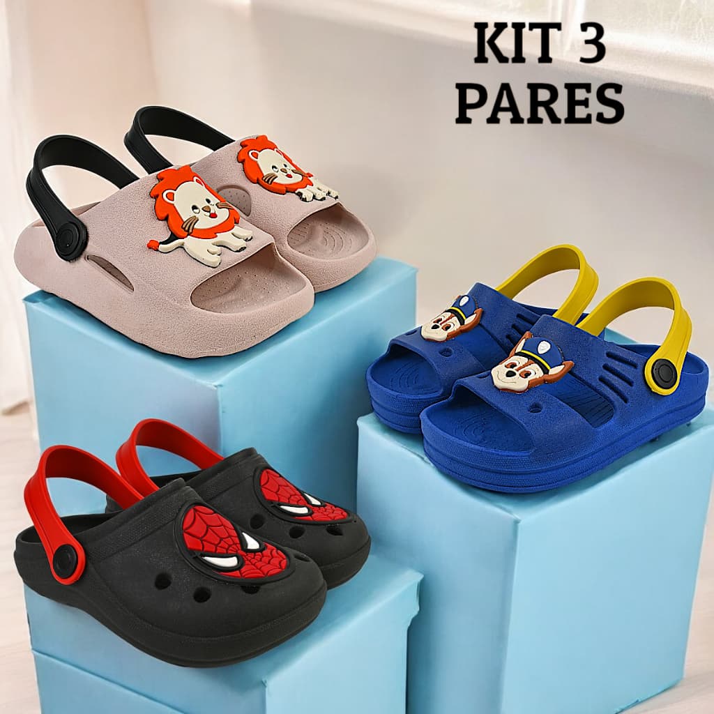 Kit 3 Pares, Babuche Sandália  Infantil Menino Chinelo Slide Papete Leve Confortável