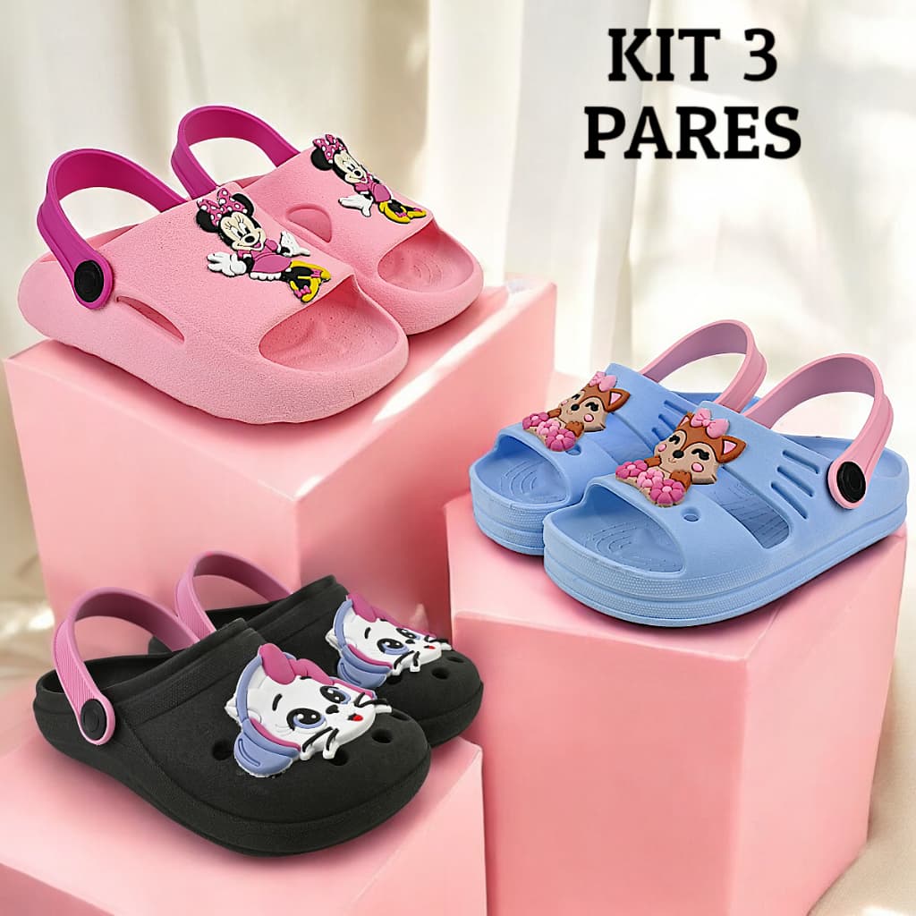 Kit 3 Pares Babuche Papete Slide Sandália Infantil Menina Macia leve Confortável