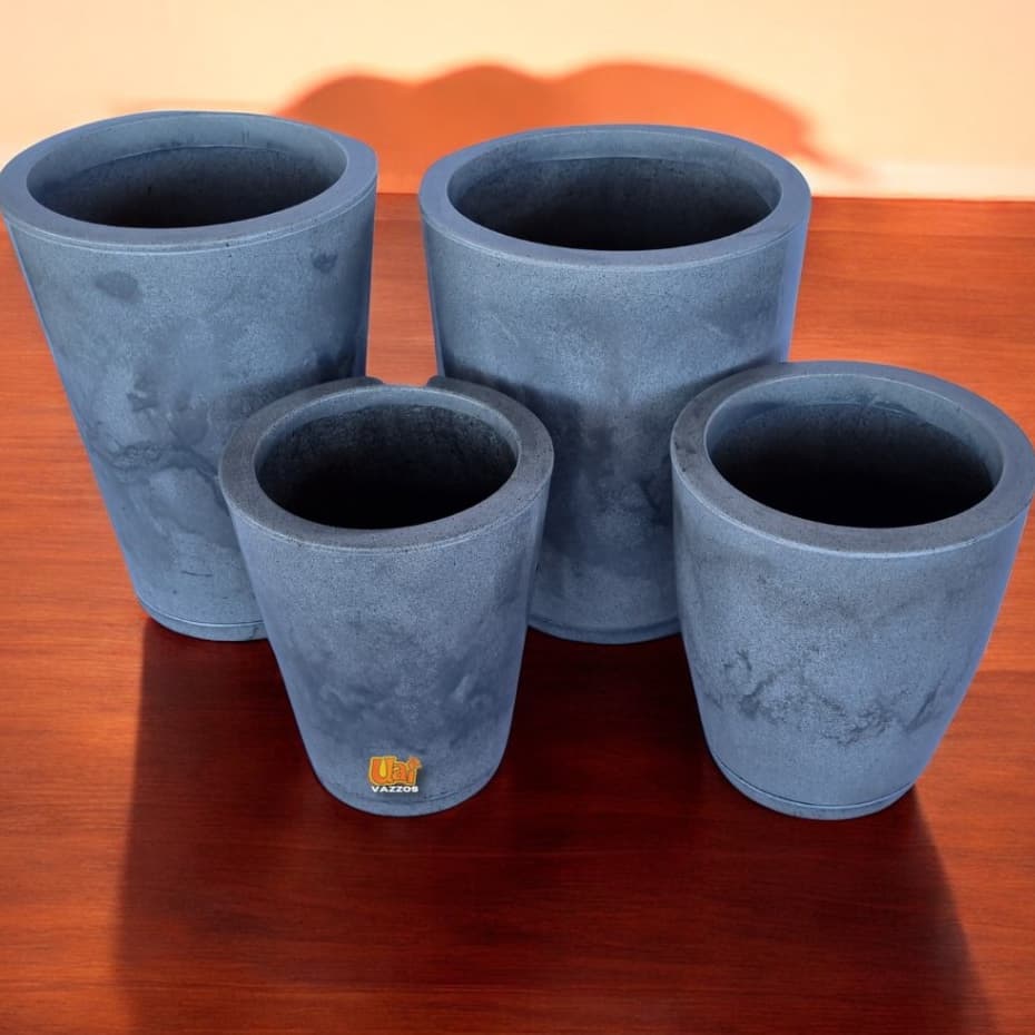 Kit 4 Vasos P/Planta Marmorizados de Polietileno Redondo e Coluna Bojo, P e M, Casa Jardim C/Pratos