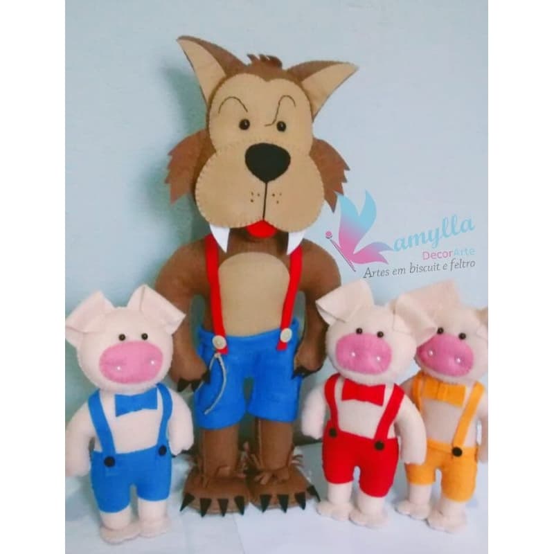 Lobo Mau e os 3 porquinhos em feltro para decoração de festa/mesa de bolo/quarto infantil