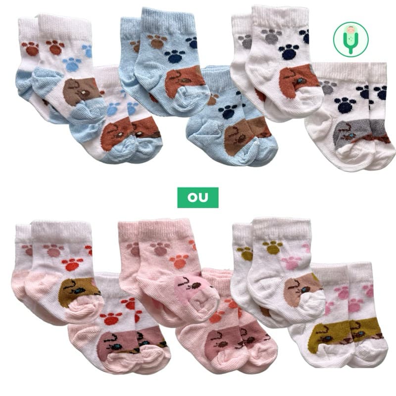 Kit Meias 6 Pares Recém Nascido Estampa de Cachorrinhos