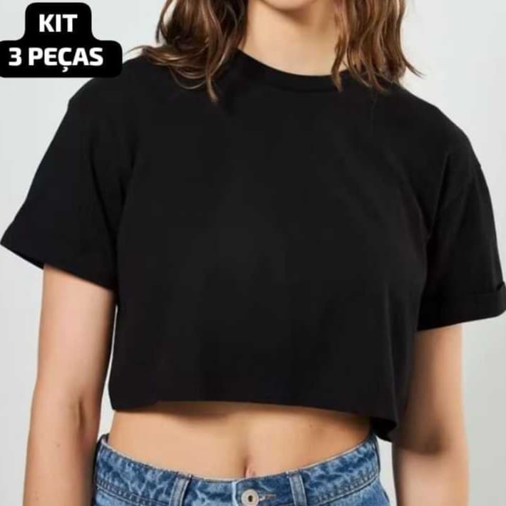 KIT 3 CROPPED FEMININO 100% ALGODÃO BÁSICO LISO GOLA REDONDA