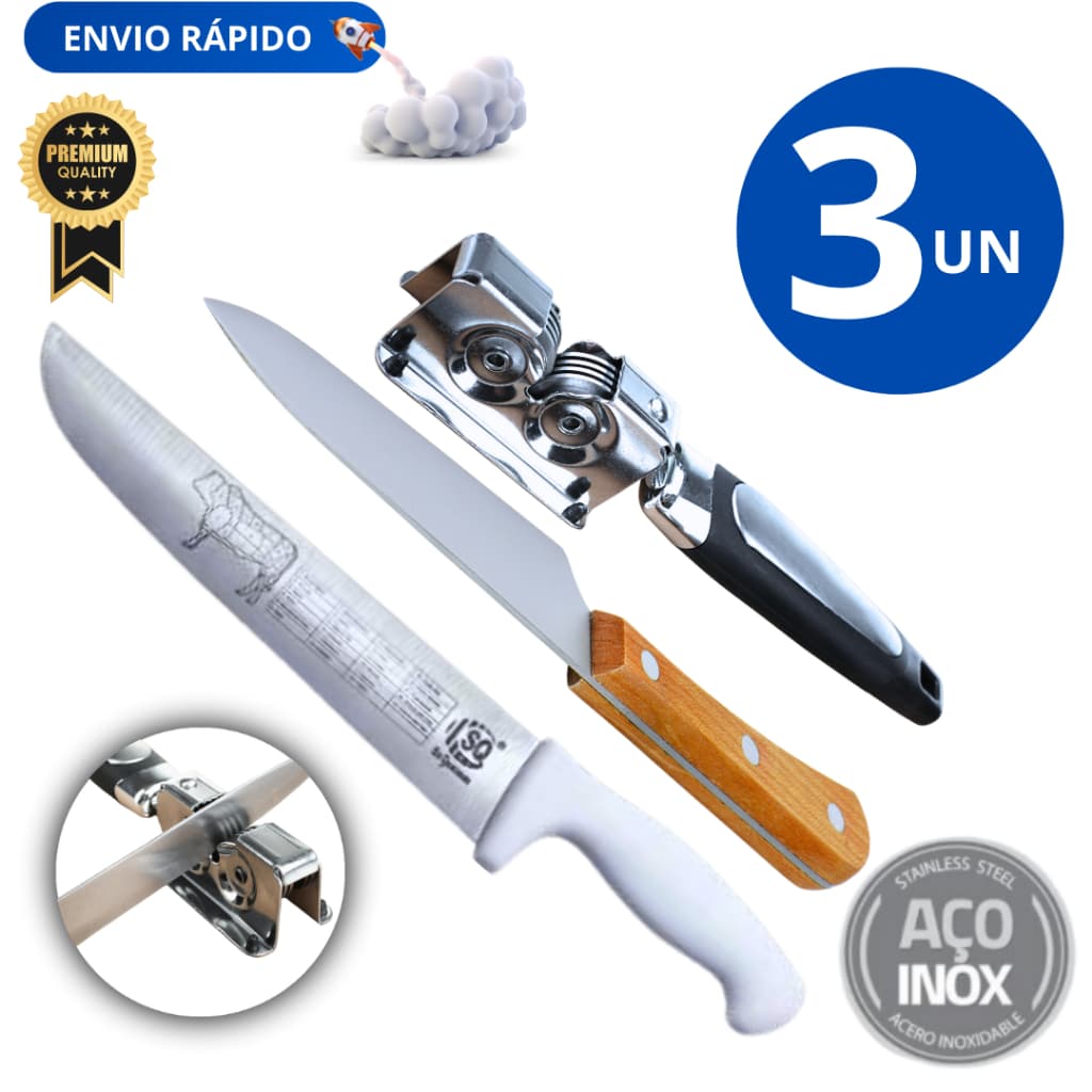 Jogo 03 Afiador Amolador de Facas Linha Premium Faca com cabo de Madeira Carne Churrasco Praticidade Faca Cabo Branco