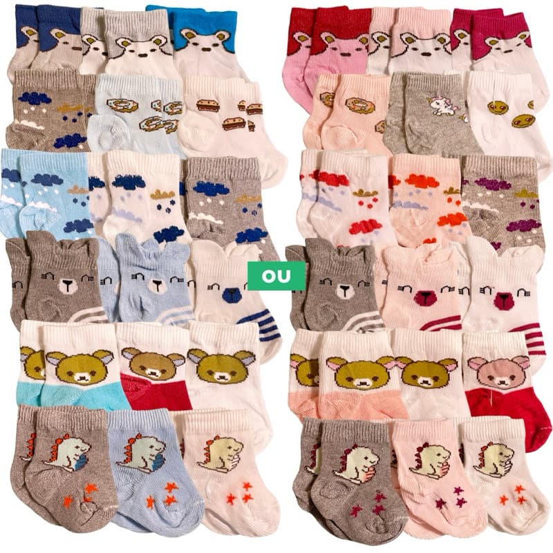 Kit Meias 6 ou 12 Pares, Cores e Estampas Sortidas