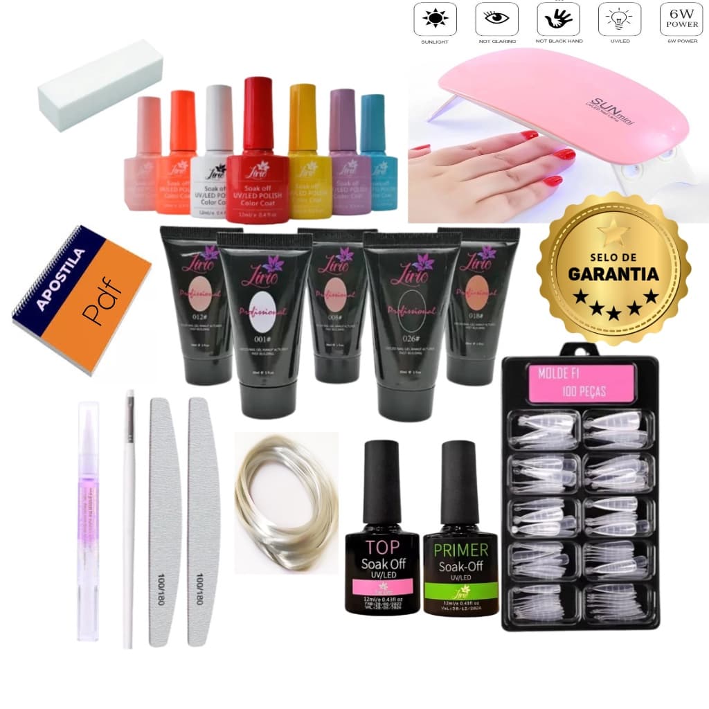 Kit unhas molde f1 gel cabine poligel completo esmalte primer top coat