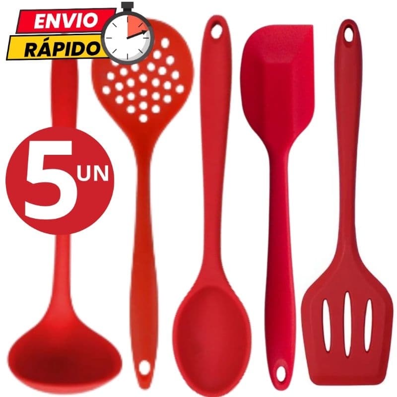 Kit 5 Utensílios Concha Escumadeira Colher de Arroz Pão Duro Espátula Vazada de Silicone Material Para Casa