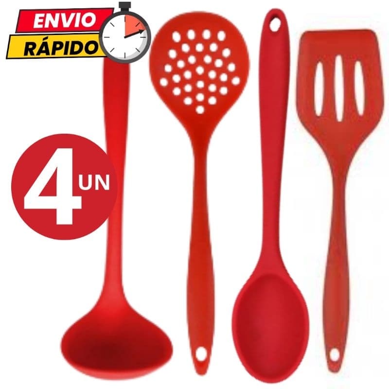 Kit 4 Utensílios Concha Escumadeira Colher de Arroz Espatula Vazada de Silicone Para Casa Cozinha