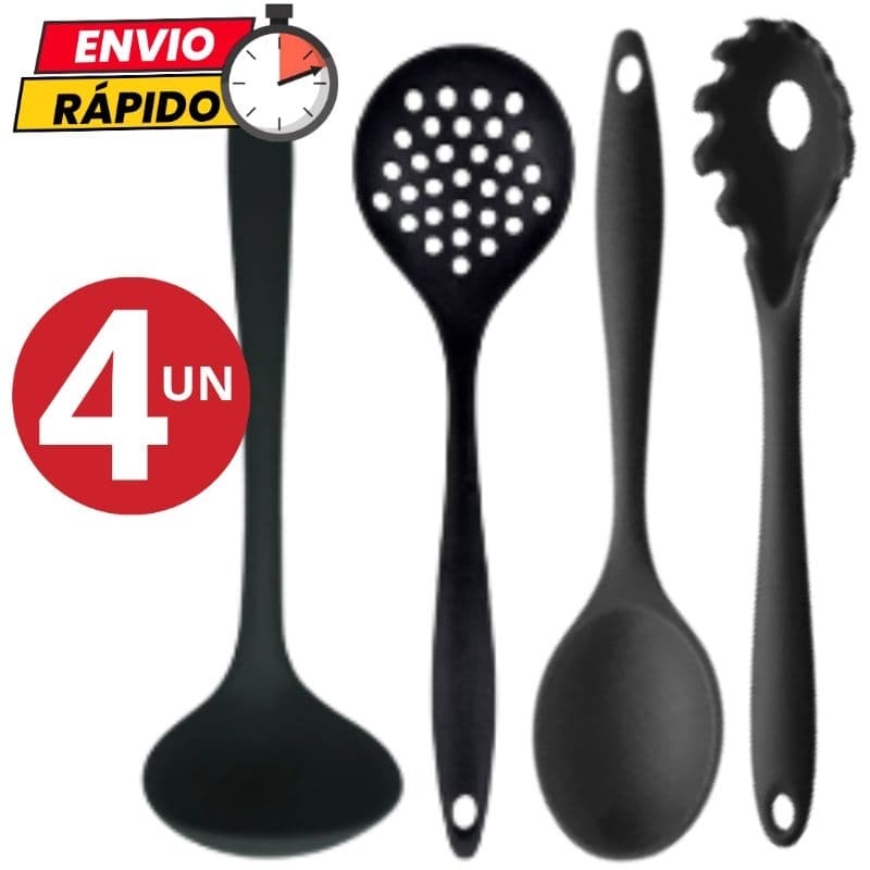 Kit 4 Utensílios Concha Escumadeira Colher de Arroz Pegador de Massa em Silicone Para Casa Cozinha