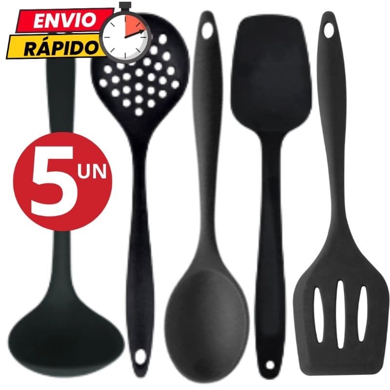 Kit 5 Utensílios Concha Escumadeira Colher de Arroz Espátula Multiuso Espátula Vazada em Silicone Casa