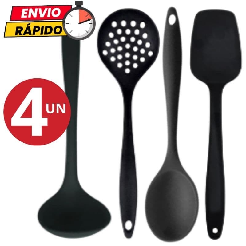 Kit 4 Utensílios Concha Escumadeira Colher de Arroz Espátula Multiuso em Silicone Para Casa Cozinha