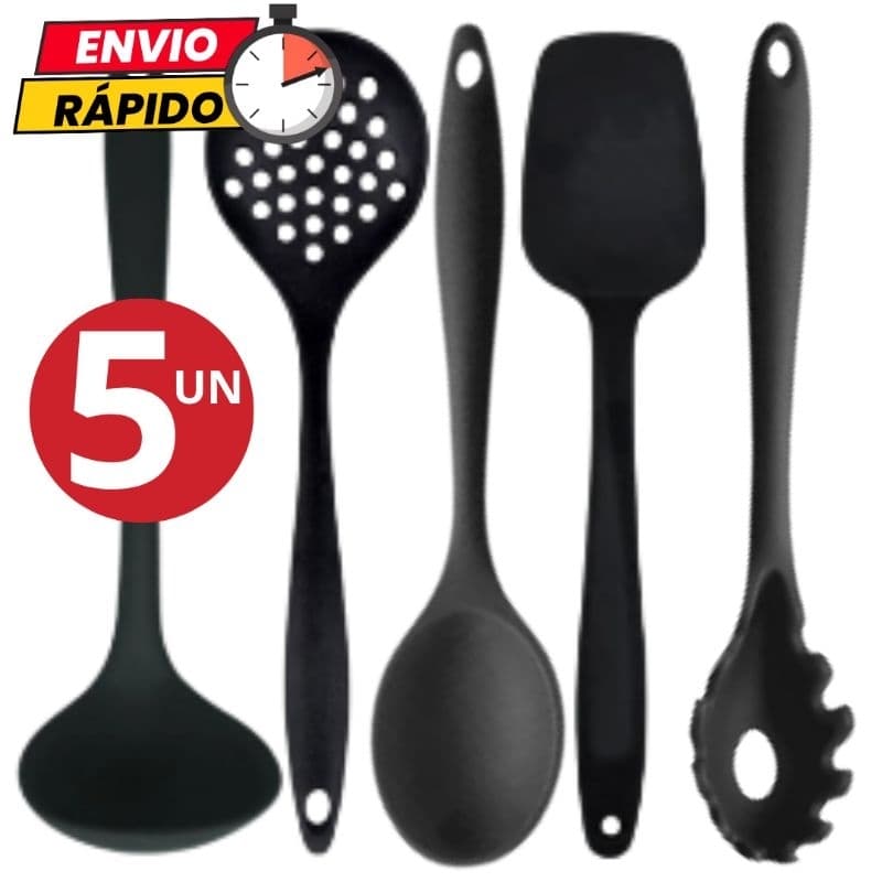 Kit 5 Utensílios Concha Escumadeira Colher de Arroz Espátula Multiuso Pegador de Massa em Silicone Para Casa