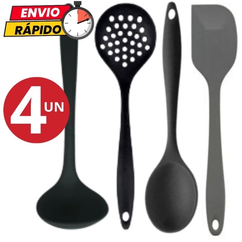 Kit 4 Utensílios Concha Escumadeira Colher de Arroz Espátula Pão Duro em Silicone Para Casa
