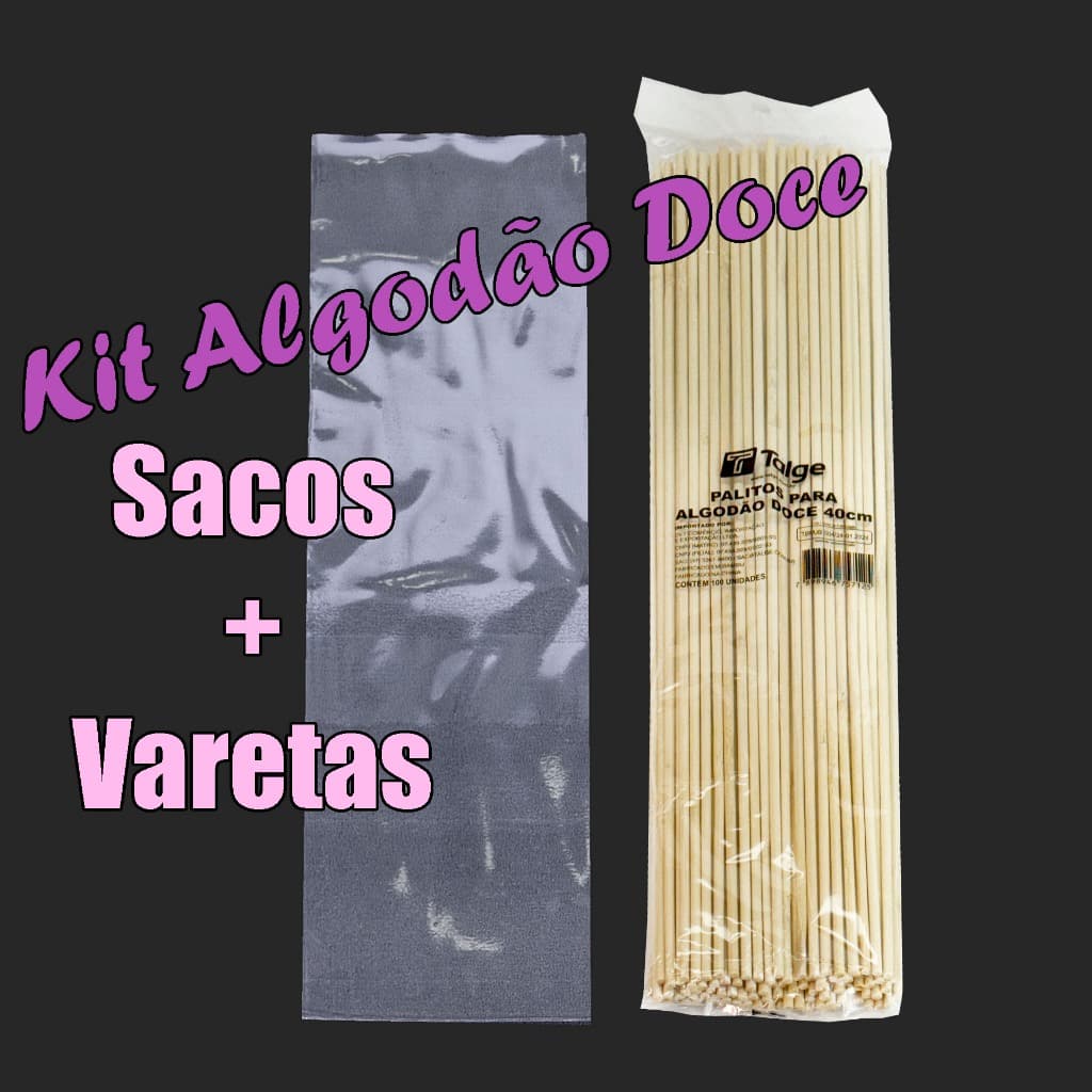 100 VARETAS DE 40CM E 100 SACOS PARA ALGODÃO DOCE 15X40CM